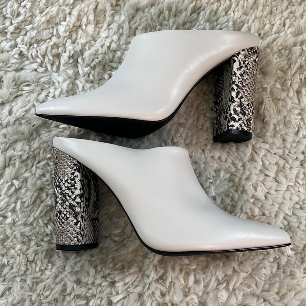 White Pointed Toe Clog With Snakeskin Print Block… - image 5